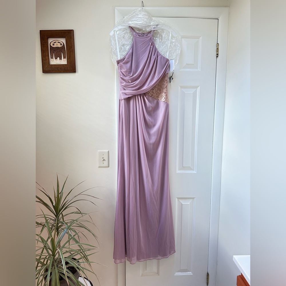 David’s bridal high neck with lace inlet - bridesmaid dress - rose gold